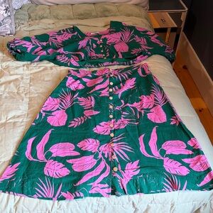 Green & Pink Tropical Button-Front Women's Dress